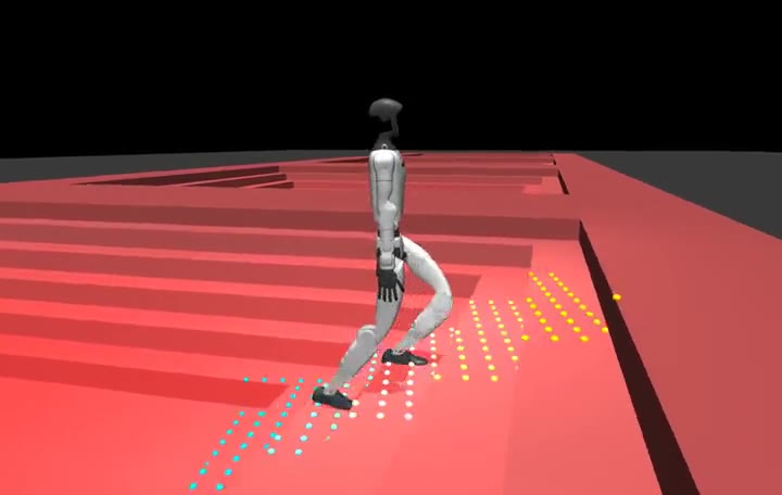 G1 climbing stairs with the height scan drawn as dots: cyan on the lower steps behind it, white on the step it stands on, yellow on the steps ahead.